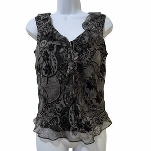VTG ECI New York‎ Silk Floral Ruffle Beaded Tank Top Size S Black Whimsigoth Y2K